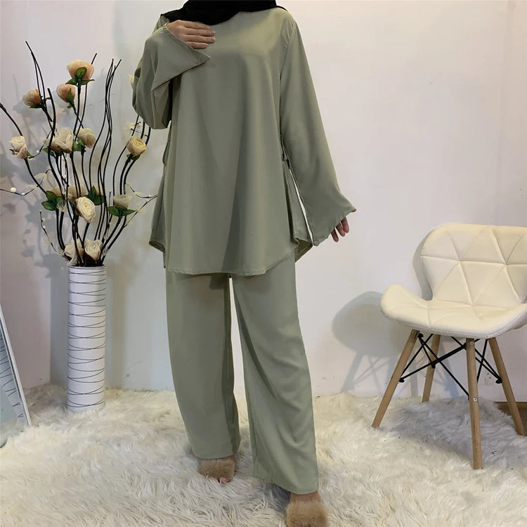 Two-piece Sets Eid Mubarak Women Abaya Turkey Hijab Muslim Dress Caftan Kaftan Islam Clothing Loose Wide Leg Pants Arab Outfits