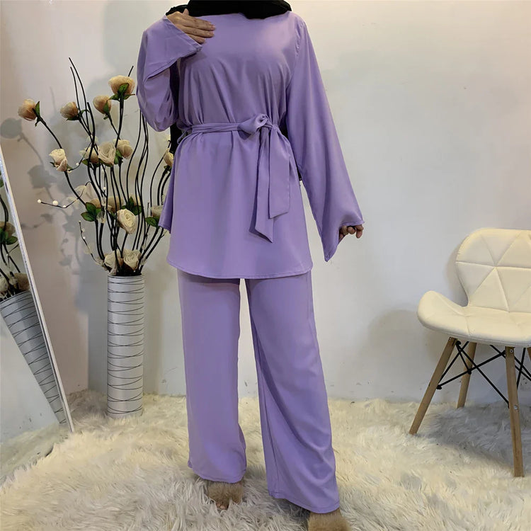 Two-piece Sets Eid Mubarak Women Abaya Turkey Hijab Muslim Dress Caftan Kaftan Islam Clothing Loose Wide Leg Pants Arab Outfits
