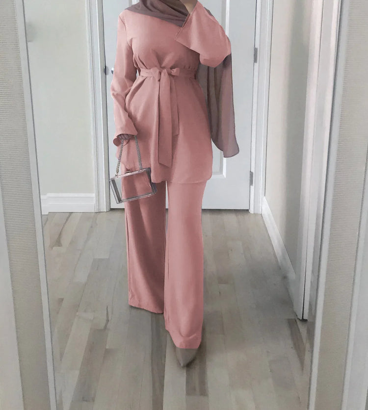 Two-piece Sets Eid Mubarak Women Abaya Turkey Hijab Muslim Dress Caftan Kaftan Islam Clothing Loose Wide Leg Pants Arab Outfits