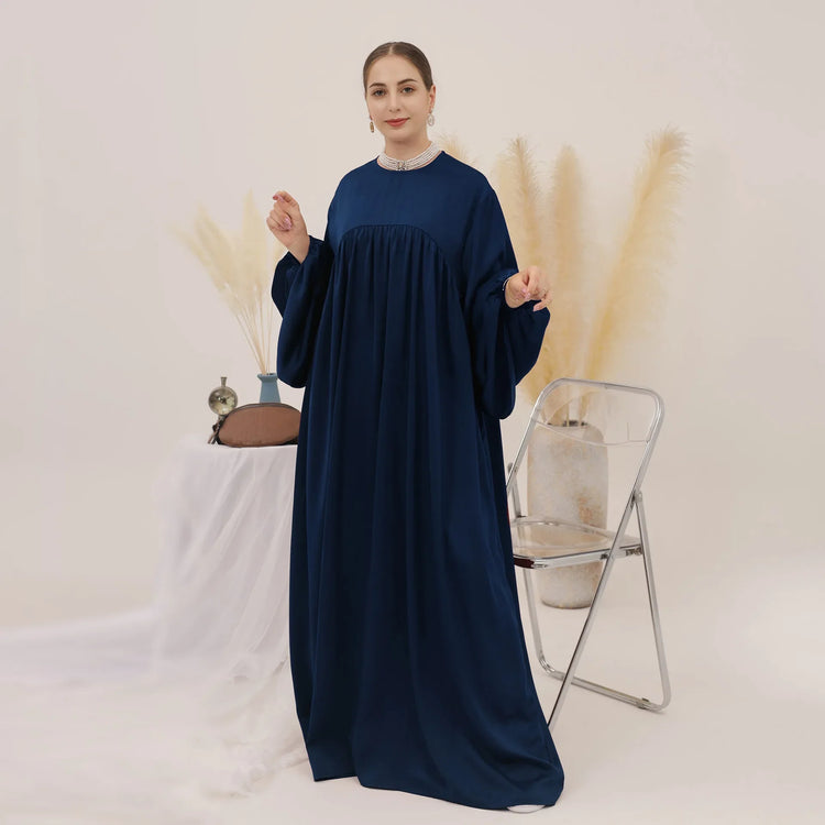 Satin Abaya for Women Shimmer Lantern Sleeve Islamic Hijab Robe Dubai Turkey Modest Outfit Kaftan Ramadan Muslim Long Dress