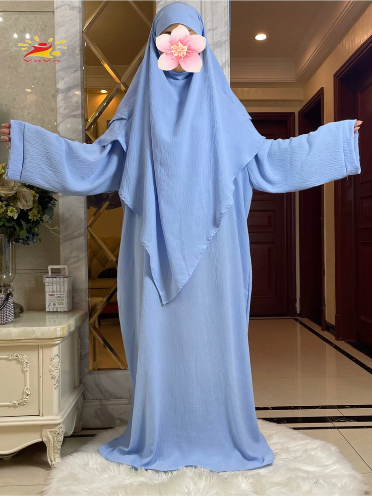 2025 Prayer Clothes Women Ramadan Islamic Jilbeb 2 Piece Set Dubai Turkish Modest Outfit Layered Khimar Scarf Hijab+Long Dress