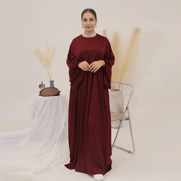 Satin Abaya for Women Shimmer Lantern Sleeve Islamic Hijab Robe Dubai Turkey Modest Outfit Kaftan Ramadan Muslim Long Dress