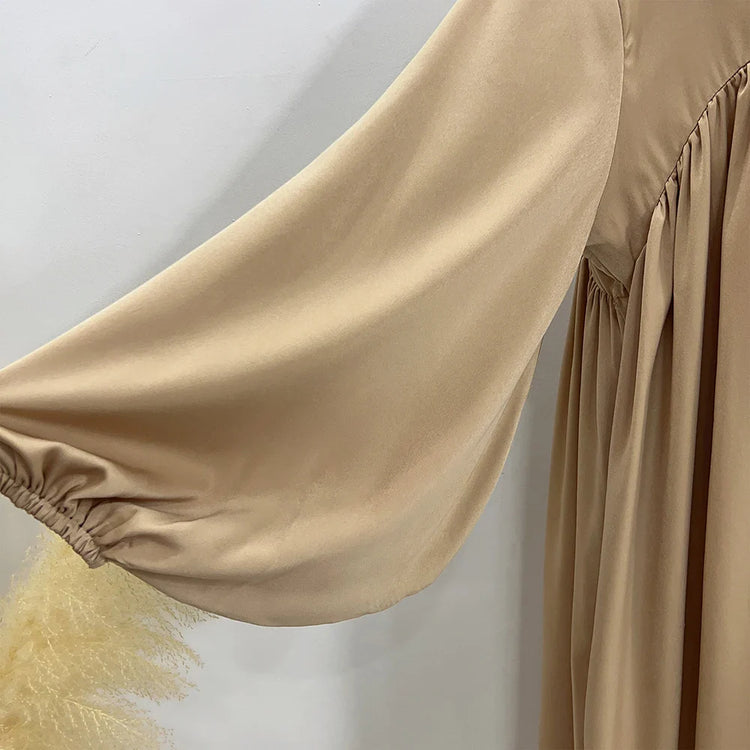 Satin Abaya for Women Shimmer Lantern Sleeve Islamic Hijab Robe Dubai Turkey Modest Outfit Kaftan Ramadan Muslim Long Dress