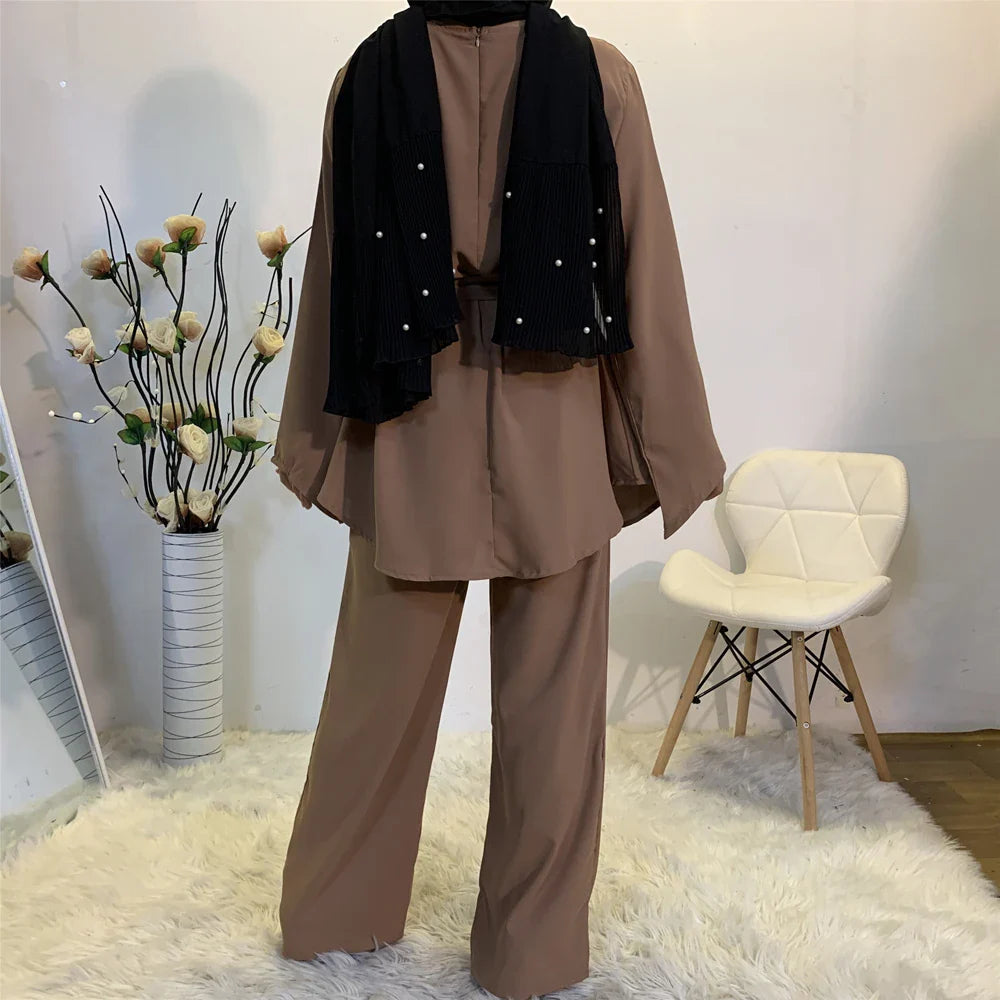 Two-piece Sets Eid Mubarak Women Abaya Turkey Hijab Muslim Dress Caftan Kaftan Islam Clothing Loose Wide Leg Pants Arab Outfits