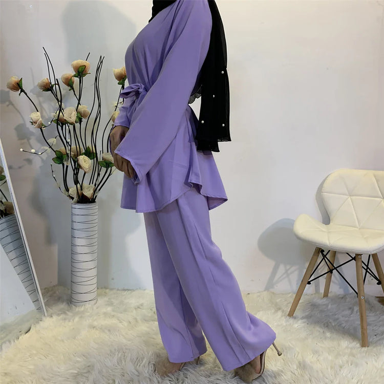 Two-piece Sets Eid Mubarak Women Abaya Turkey Hijab Muslim Dress Caftan Kaftan Islam Clothing Loose Wide Leg Pants Arab Outfits