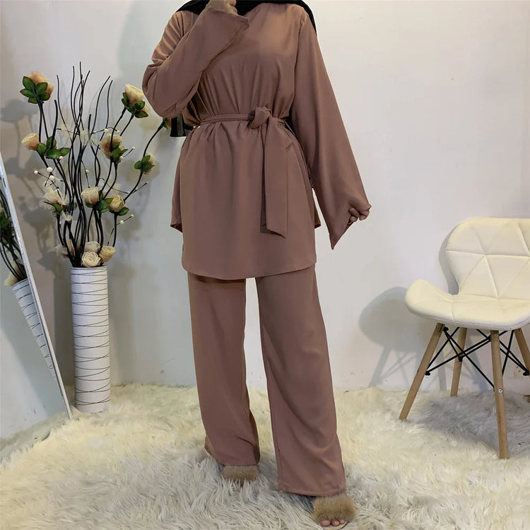 Two-piece Sets Eid Mubarak Women Abaya Turkey Hijab Muslim Dress Caftan Kaftan Islam Clothing Loose Wide Leg Pants Arab Outfits