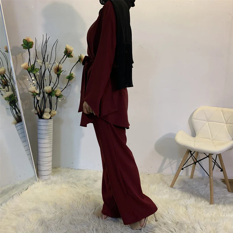 Two-piece Sets Eid Mubarak Women Abaya Turkey Hijab Muslim Dress Caftan Kaftan Islam Clothing Loose Wide Leg Pants Arab Outfits