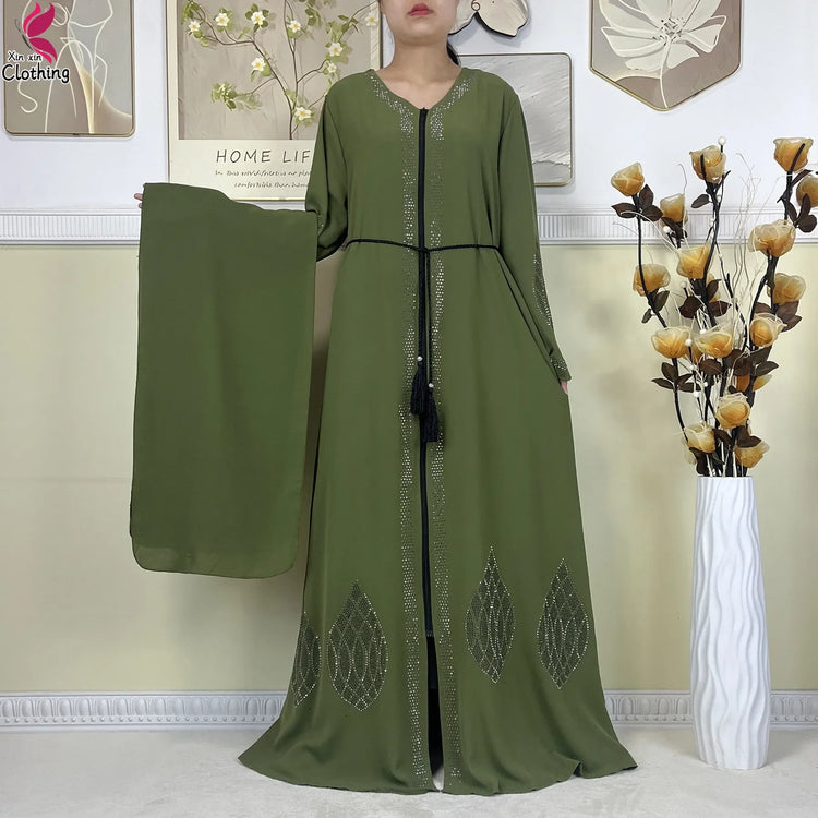 New Muslim Abayas For Women Long Sleeved Dress Dubai Lady Elegant Long Dress Islam Clothing African Abaya Loose Robe With Turban