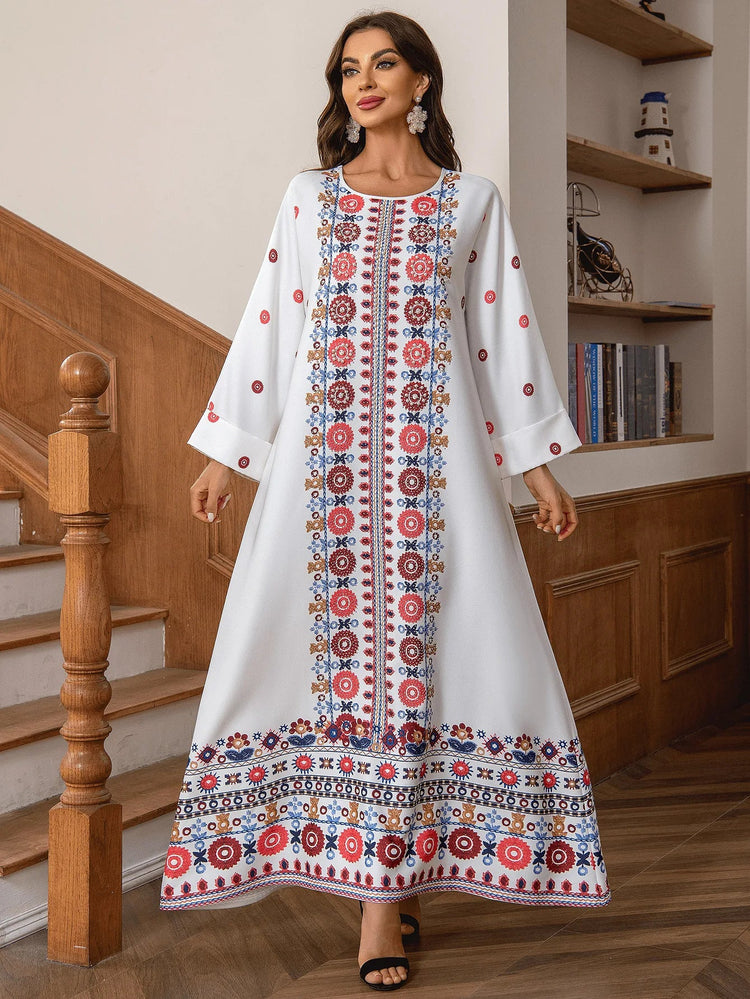 National Style Muslim Dress Women Printed Beads Elegant O-neck Dress for Women Fashion Vintage Long Sleeve Abaya Dubai Female