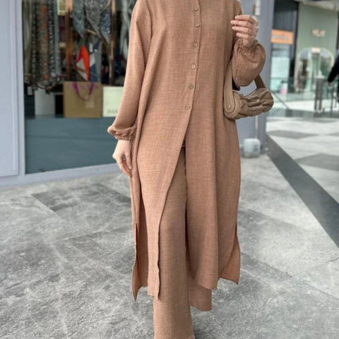 Muslim Dress for Women Blouse 2 Piece Set Long Sleeve Abaya Shirt Wide Leg Pant Suits Arabic Dubai Dresses Musulman Ensembles