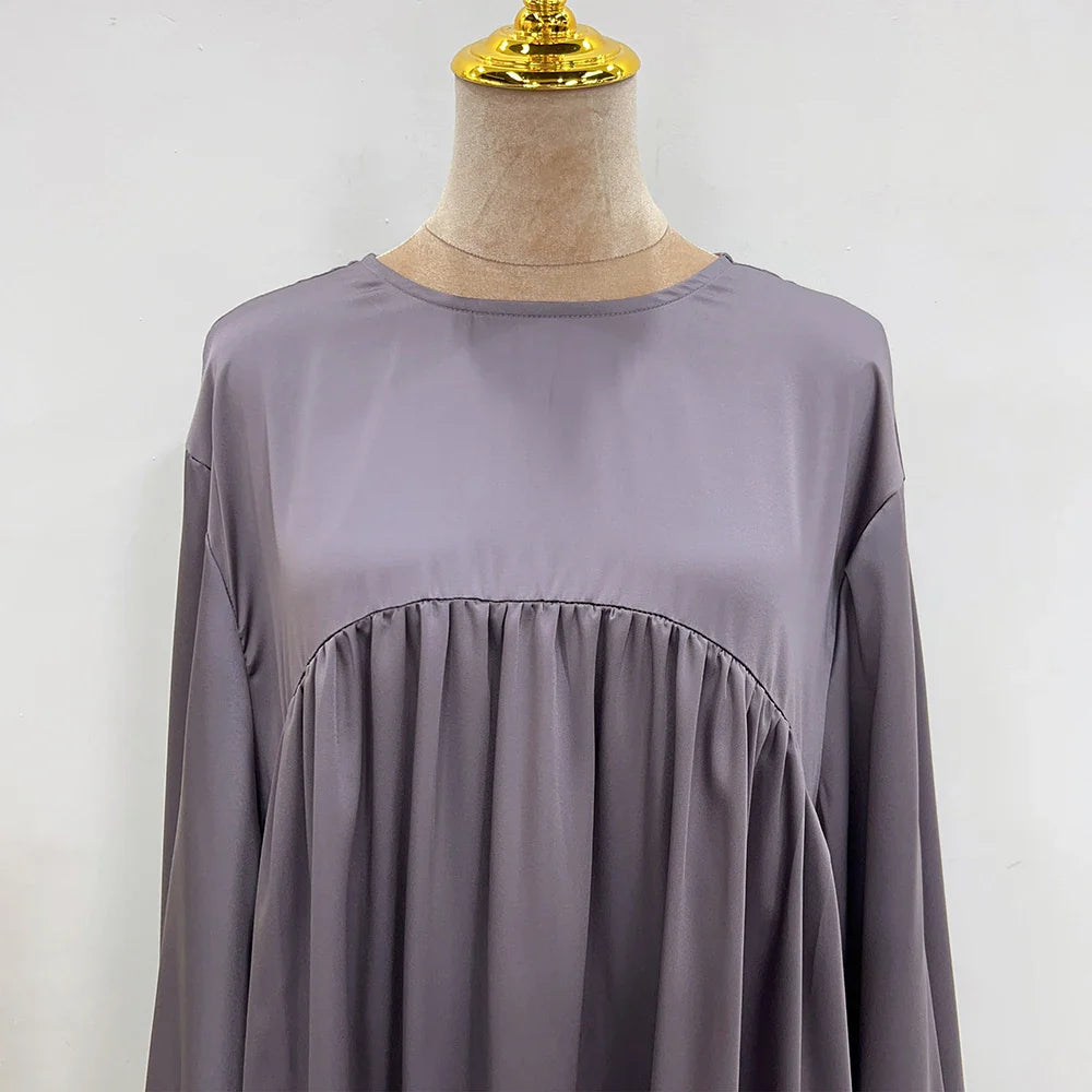 Satin Abaya for Women Shimmer Lantern Sleeve Islamic Hijab Robe Dubai Turkey Modest Outfit Kaftan Ramadan Muslim Long Dress