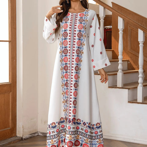 National Style Muslim Dress Women Printed Beads Elegant O-neck Dress for Women Fashion Vintage Long Sleeve Abaya Dubai Female