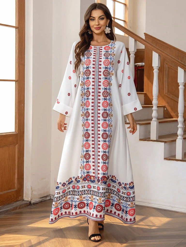 National Style Muslim Dress Women Printed Beads Elegant O-neck Dress for Women Fashion Vintage Long Sleeve Abaya Dubai Female