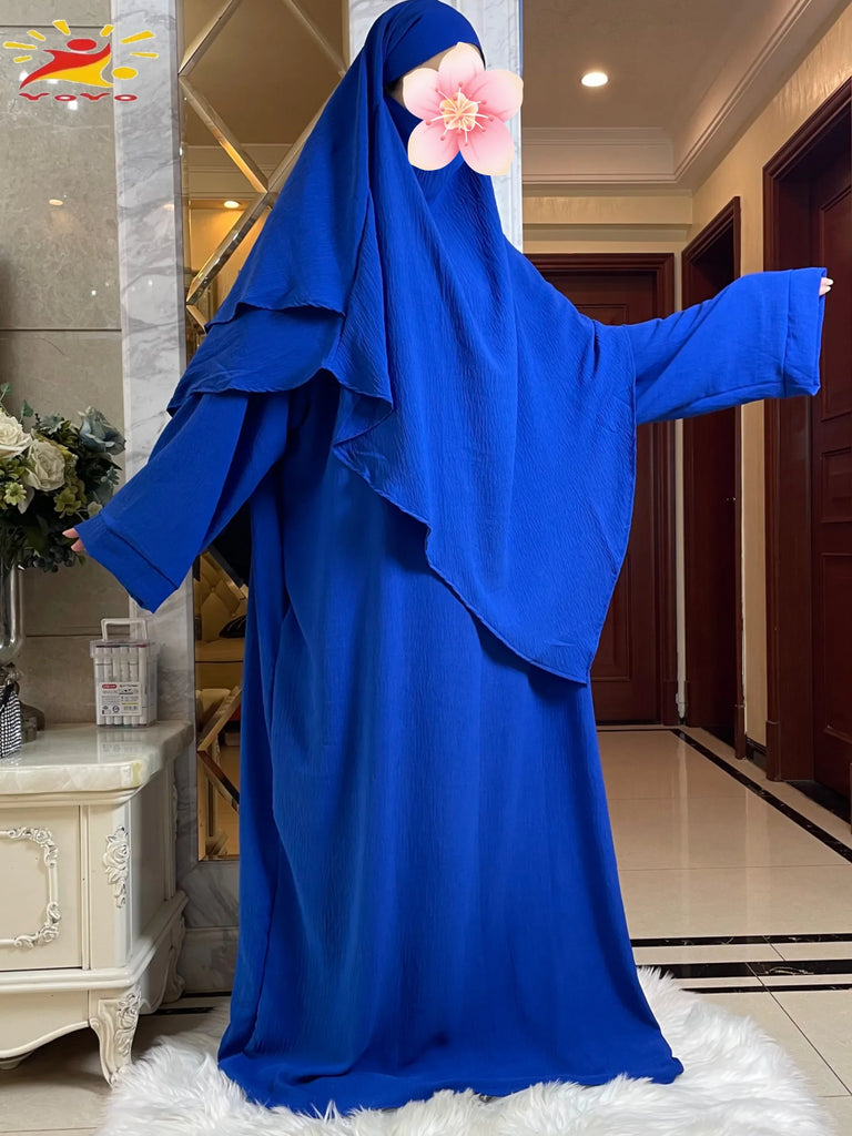 2025 Prayer Clothes Women Ramadan Islamic Jilbeb 2 Piece Set Dubai Turkish Modest Outfit Layered Khimar Scarf Hijab+Long Dress