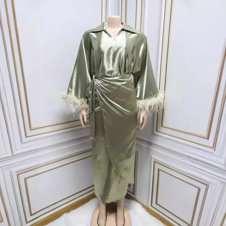 Eid Mubarak Muslim Women Feathers Abaya Laple Neck Tops Wrap Skirt Dress Ramadan Kaftan Islam Vestido Arab Morocco Dubai Vestido