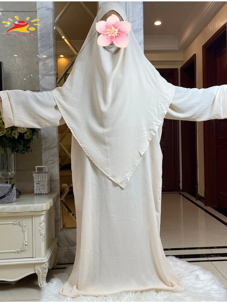 2025 Prayer Clothes Women Ramadan Islamic Jilbeb 2 Piece Set Dubai Turkish Modest Outfit Layered Khimar Scarf Hijab+Long Dress