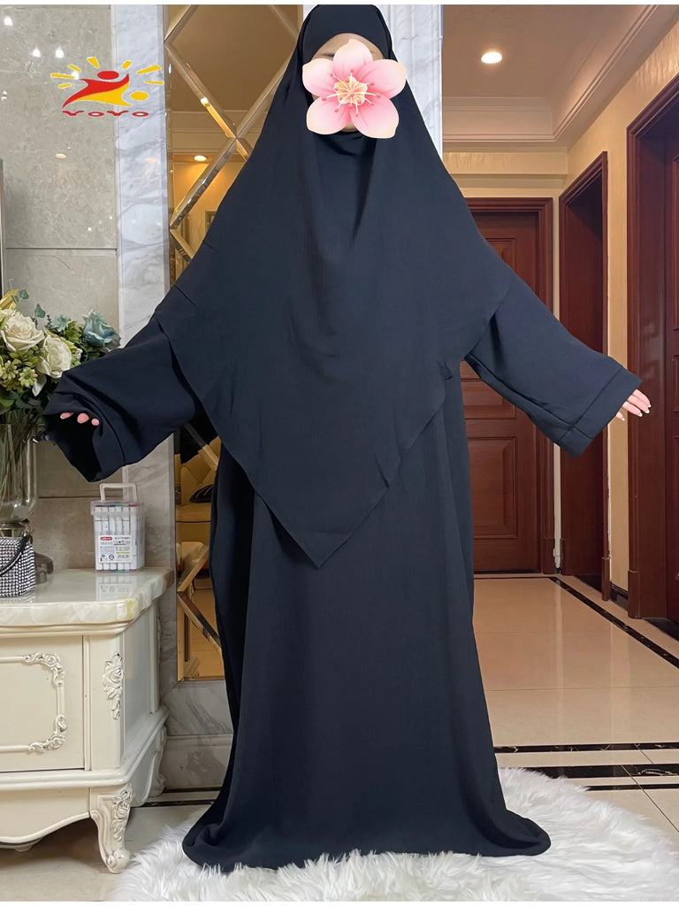 2025 Prayer Clothes Women Ramadan Islamic Jilbeb 2 Piece Set Dubai Turkish Modest Outfit Layered Khimar Scarf Hijab+Long Dress