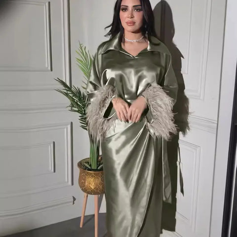 Eid Mubarak Muslim Women Feathers Abaya Laple Neck Tops Wrap Skirt Dress Ramadan Kaftan Islam Vestido Arab Morocco Dubai Vestido